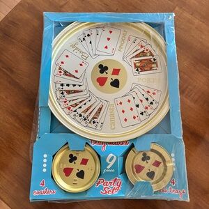 Vintage Metal Poker Canasta Bridge Pinochle Tray Coasters Ashtrays Party Set